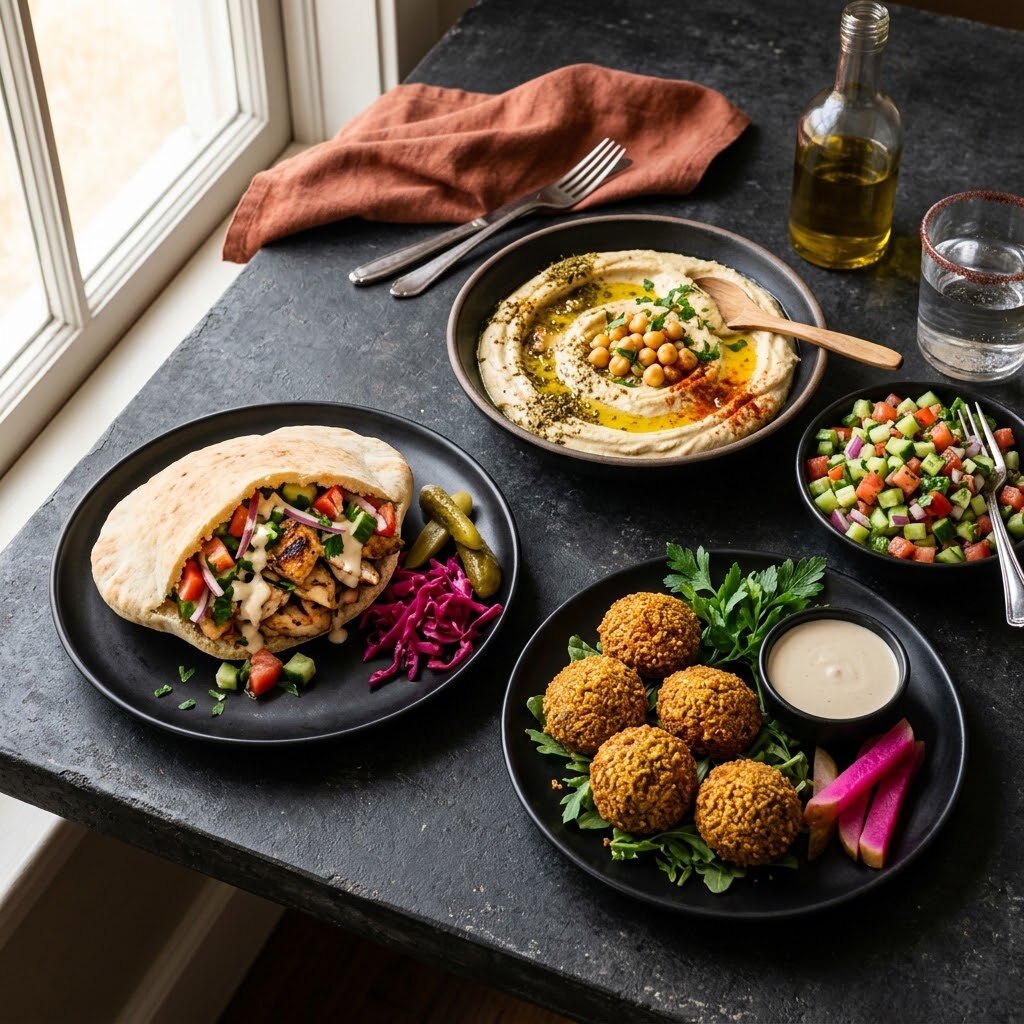 Shawarma, falafel, hummus and Israeli salad